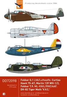 Fokker G1 (LVA, Luftwaffe), Martin WH1/2 , Curtiss H75 (RNEIAF), Tiger Moth (VVC), Fokker TIX) DD72098