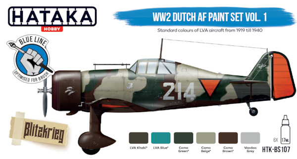 WW2 Dutch AF paint set vol. 1 (6 colours) Standard Colours of LVA aircraft from 1919 till 1940 Optimised for Brushpainting HTK-BS107