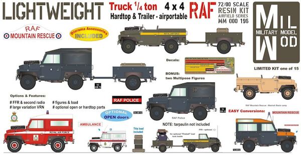 Land Rover 3, 1/4 ton 4 x 4 Hardtop/windows & Trailer RAF with Figures, and Load MM000-196