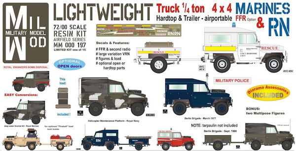 Land Rover 3, 1/4 ton 4 x 4 Hardtop/windows & Trailer (Royal Navy, Marines) with Figures, and Load MM000-197