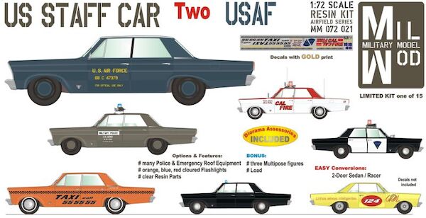 Ford Galaxie Staff Car two -US Air Force, police etc. 4-Door Sedan + 3 Figures, Roof Equipment MM072-021