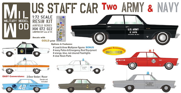 Ford Galaxie Staff Car two -US Army and Navy , police etc. 4-Door Sedan + 3 Figures, Roof Equipment MM072-022